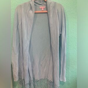 Lilly Pulitzer Soft Blue Knit Cardigan L Tatum preppy coastal long fringe